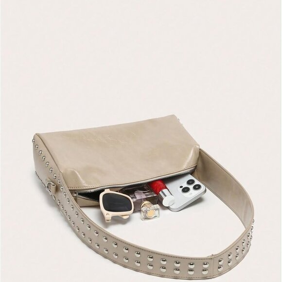 Women's PU Leather Shoulder Bag Square Studded Zipper Casual Vintage - Picture 4 of 5